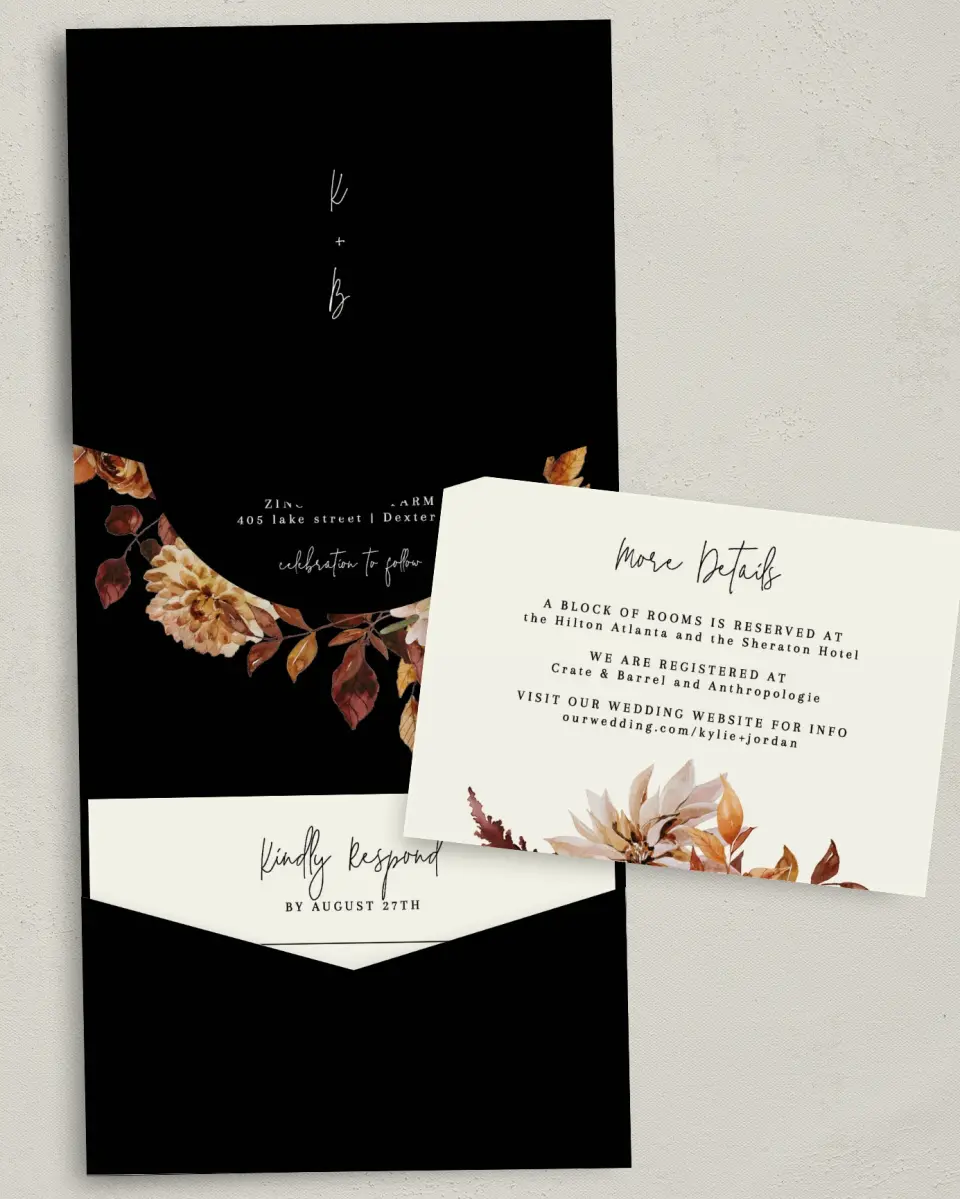 This is a 5¼" x 7¼" Folded Pocket Wedding Invitation called Country Blooms printed in full color on Premium Smooth paper