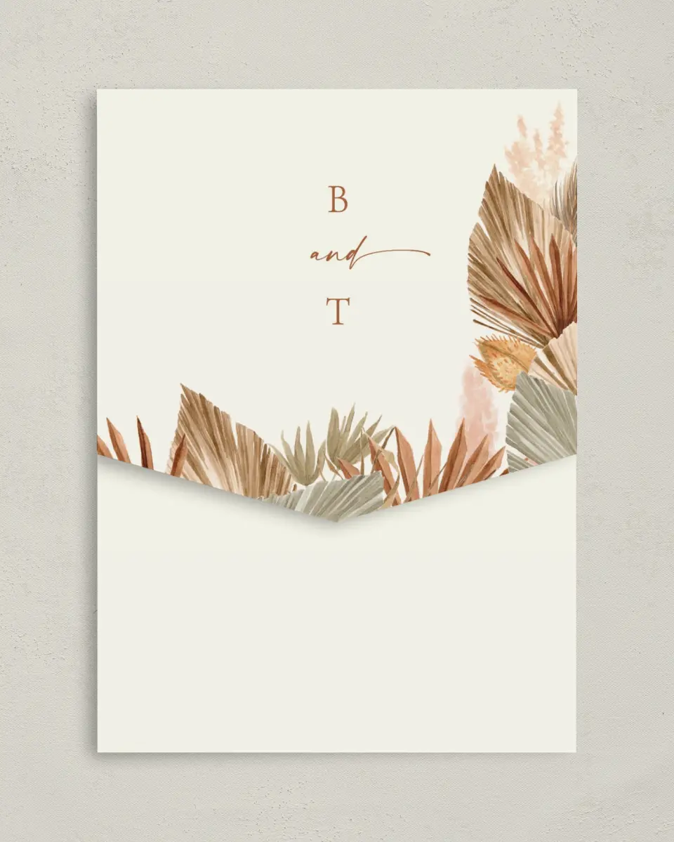 This is a 5¼" x 7¼" Folded Pocket Wedding Invitation called Sandy Fronds printed in full color on Premium Smooth paper