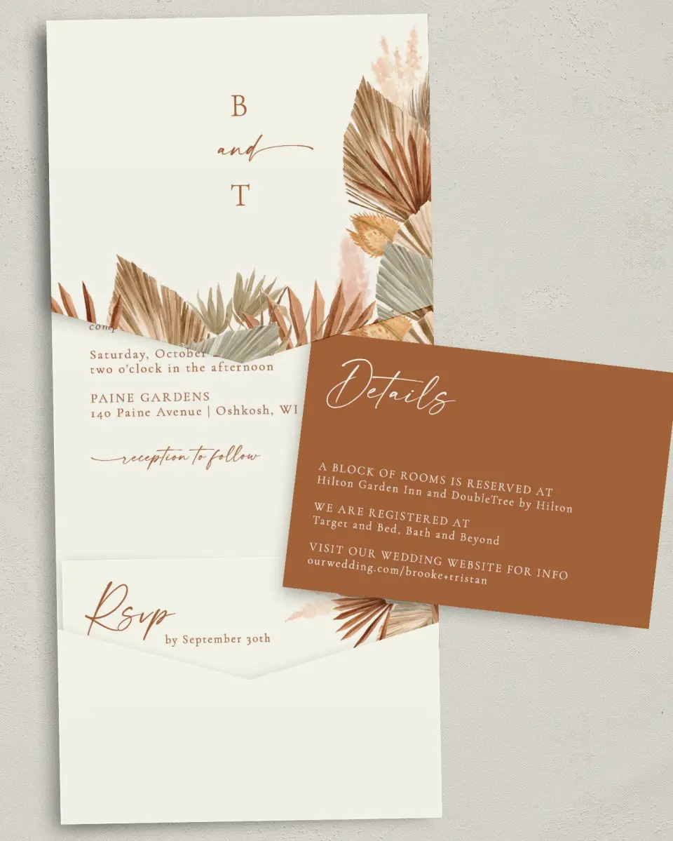 This is a 5¼" x 7¼" Folded Pocket Wedding Invitation called Sandy Fronds printed in full color with Gold foil on Luxe Satin (coated) paper