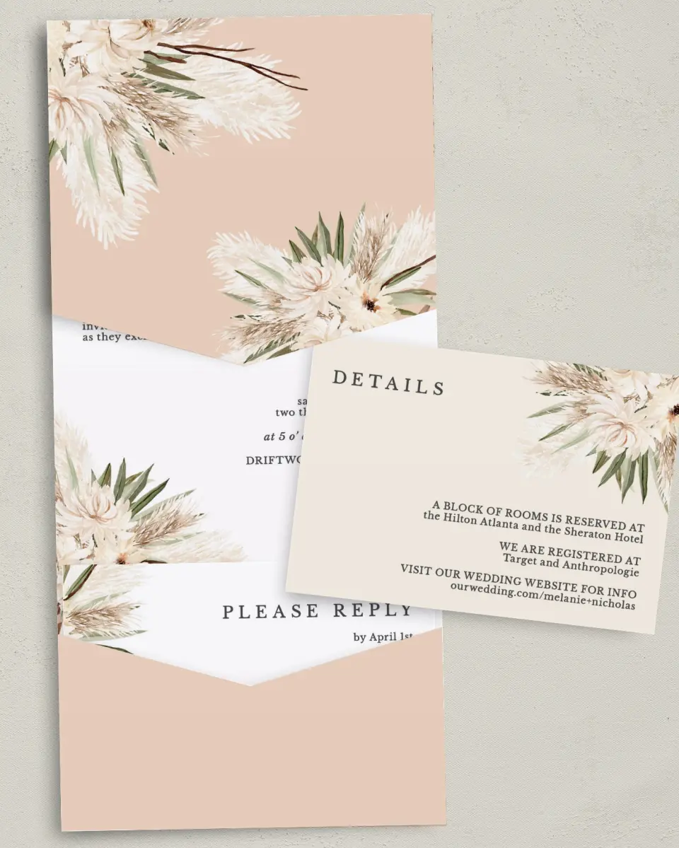 This is a 5¼" x 7¼" Folded Pocket Wedding Invitation called Natural Boho printed in full color with Gold foil on Luxe Satin (coated) paper