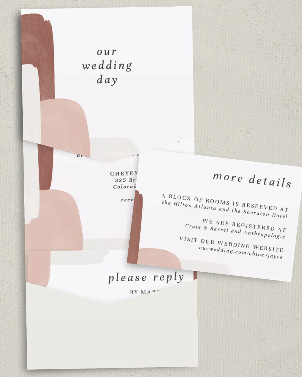 This is a 5¼" x 7¼" Folded Pocket Wedding Invitation called Mod Paint printed in full color with Gold foil on Luxe Satin (coated) paper