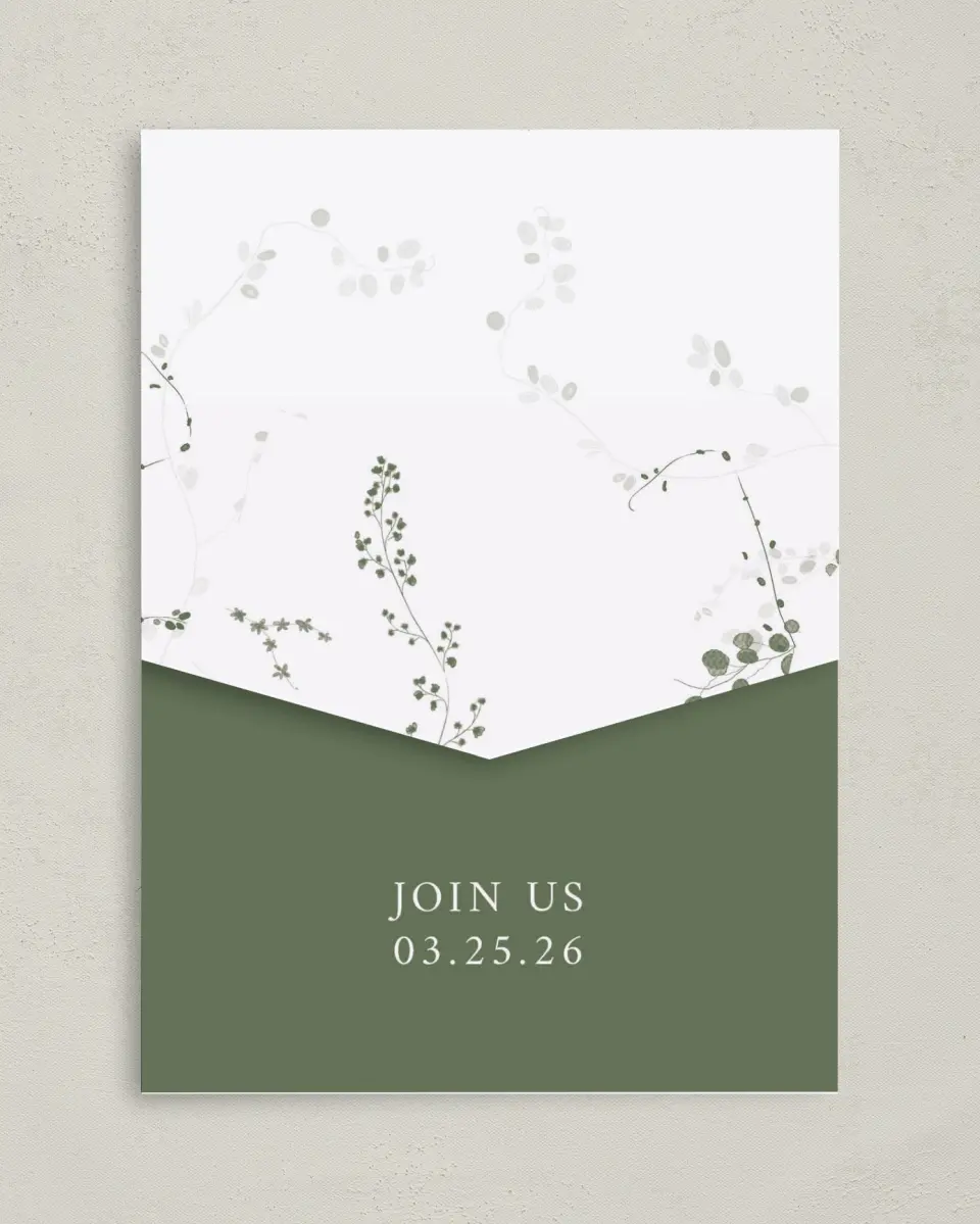 This is a 5¼" x 7¼" Folded Pocket Wedding Invitation called Fresh Tendrils printed in full color on Premium Smooth paper
