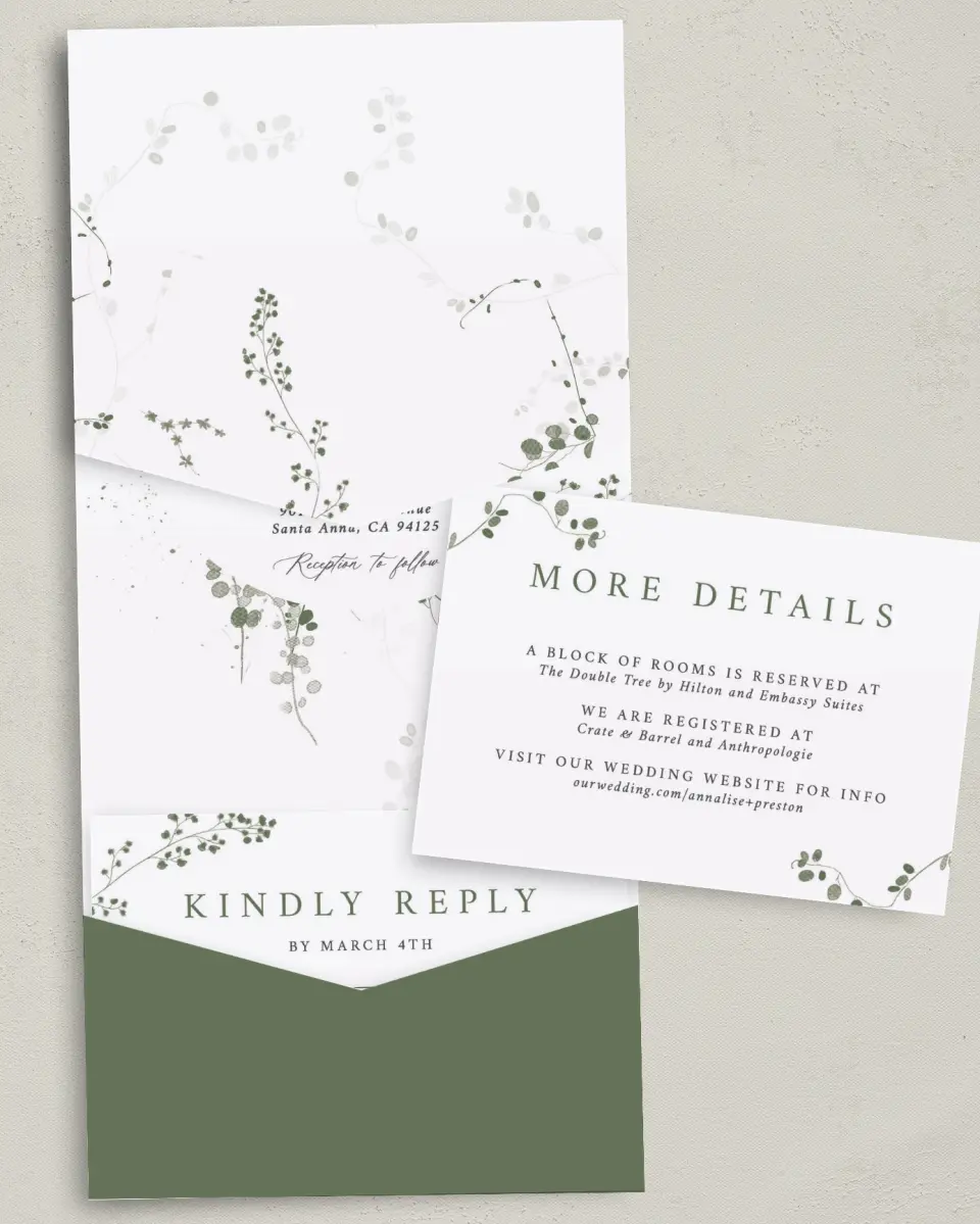 This is a 5¼" x 7¼" Folded Pocket Wedding Invitation called Fresh Tendrils printed in full color with Gold foil on Luxe Satin (coated) paper