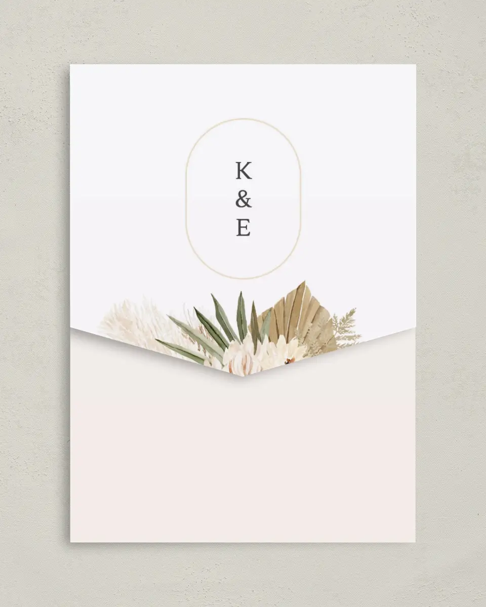 This is a 5¼" x 7¼" Folded Pocket Wedding Invitation called Serene Flora printed in full color on Premium Smooth paper