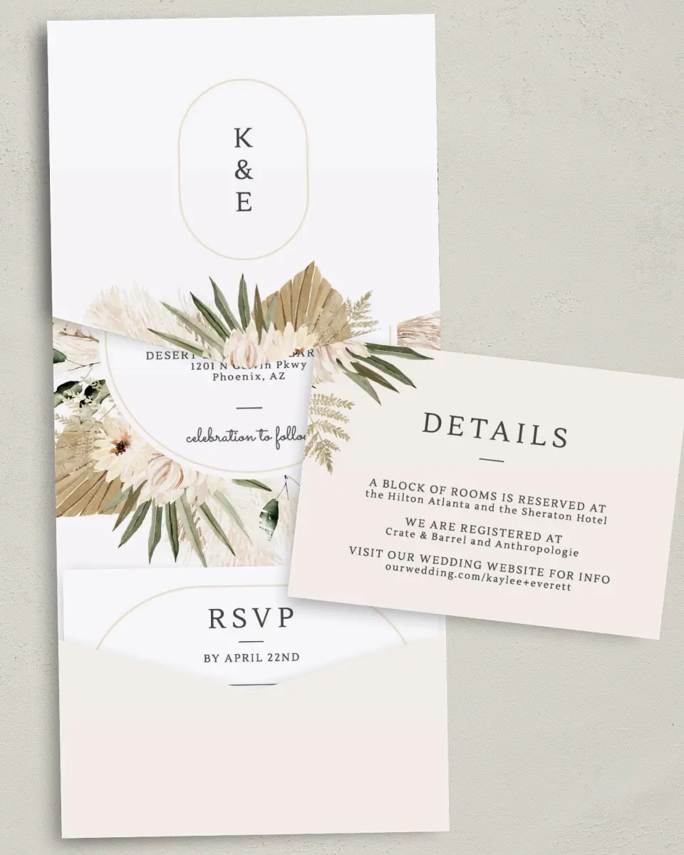 This is a 5¼" x 7¼" Folded Pocket Wedding Invitation called Serene Flora printed in full color on Premium Smooth paper