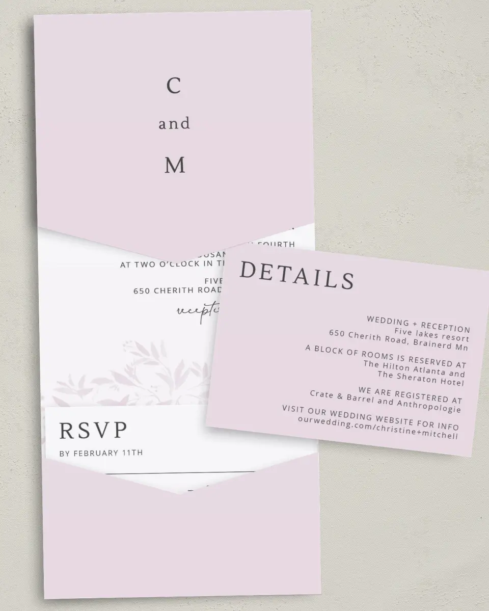 This is a 5¼" x 7¼" Folded Pocket Wedding Invitation called Lush Leaves printed in full color on Premium Smooth paper