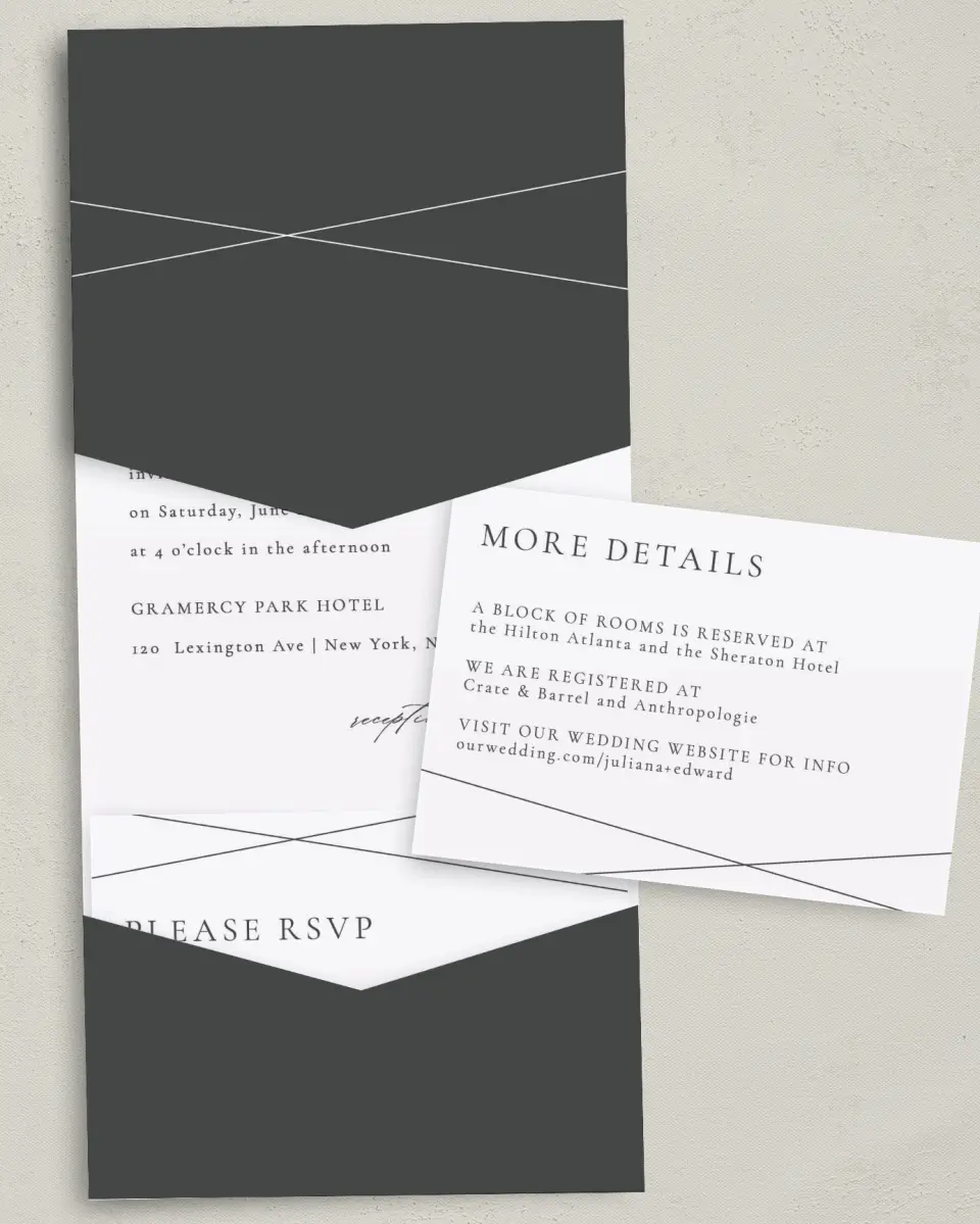 This is a 5¼" x 7¼" Folded Pocket Wedding Invitation called Distinct Lines printed in full color with Gold foil on Luxe Satin (coated) paper