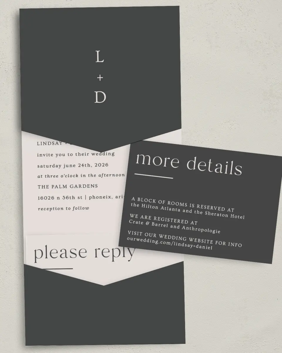This is a 5¼" x 7¼" Folded Pocket Wedding Invitation called Simple Gathering printed in full color with Gold foil on Luxe Satin (coated) paper