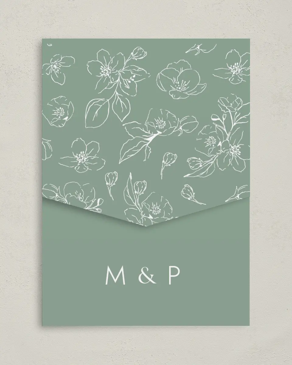 This is a 5¼" x 7¼" Folded Pocket Wedding Invitation called Blossoming Arch printed in full color on Premium Smooth paper