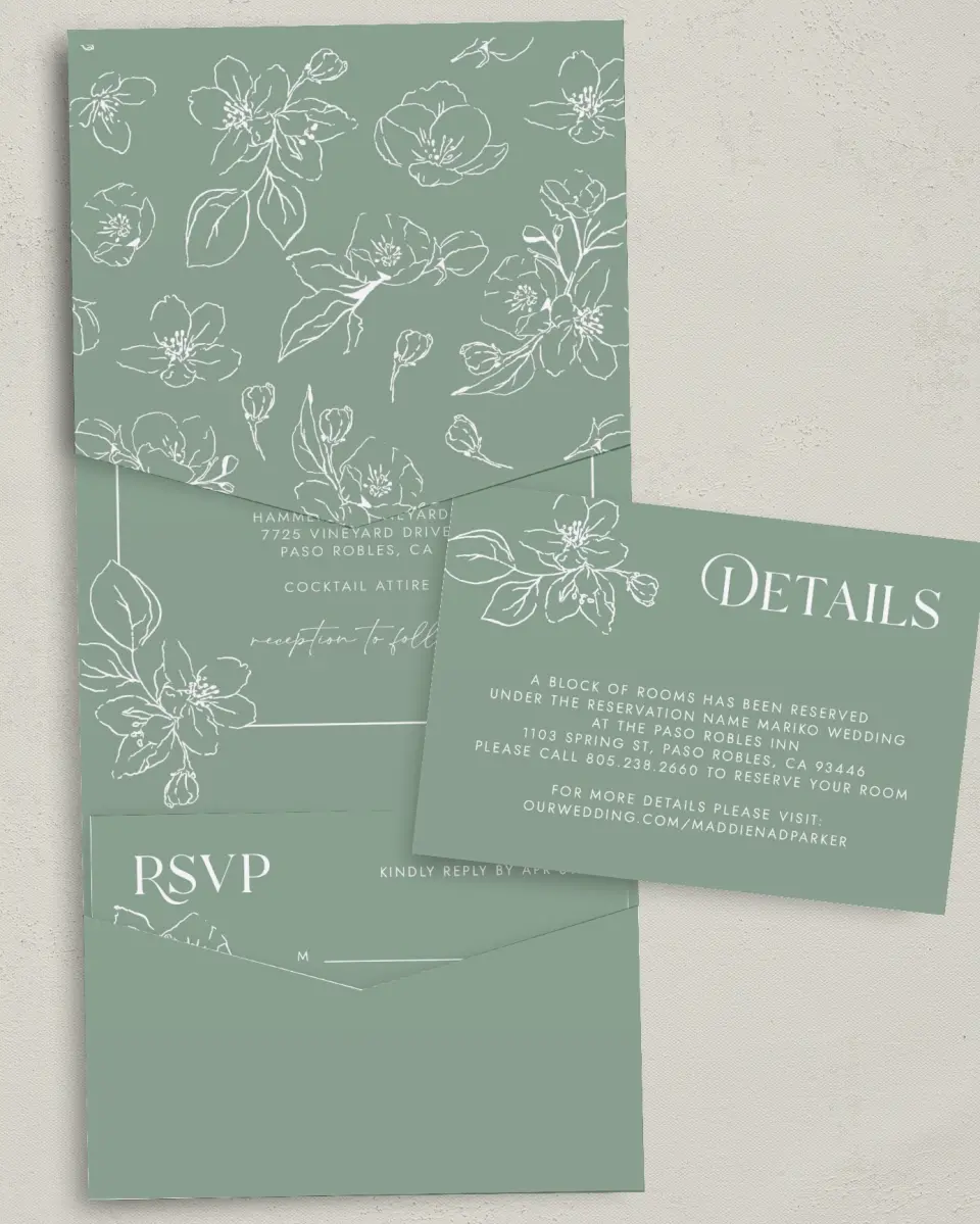 This is a 5¼" x 7¼" Folded Pocket Wedding Invitation called Blossoming Arch printed in full color with Gold foil on Luxe Satin (coated) paper