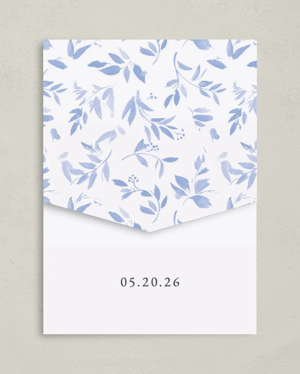 This is a 5¼" x 7¼" Folded Pocket Wedding Invitation called Soft Botanics printed in full color on Premium Smooth paper