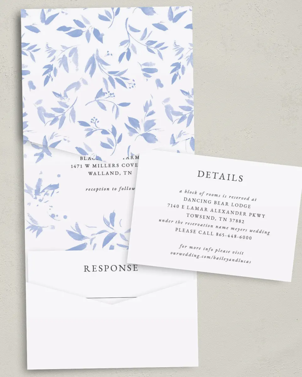 This is a 5¼" x 7¼" Folded Pocket Wedding Invitation called Soft Botanics printed in full color on Premium Smooth paper