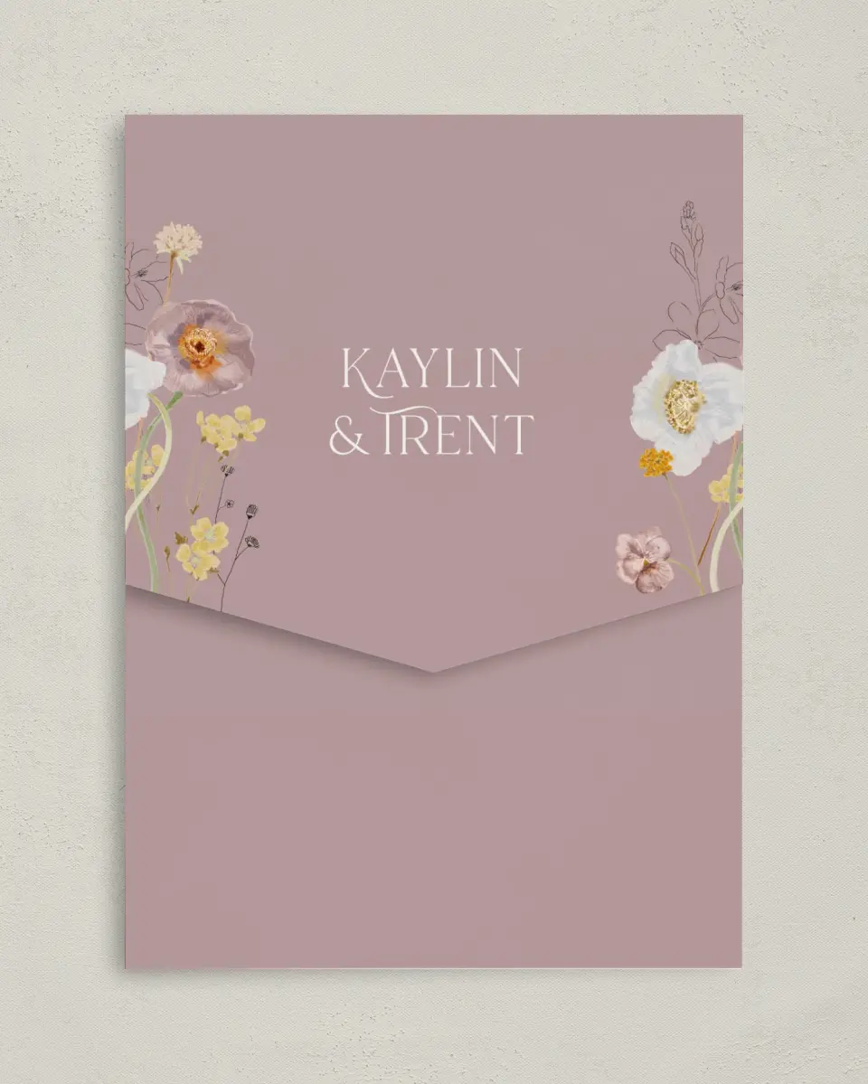 This is a 5¼" x 7¼" Folded Pocket Wedding Invitation called Enchanting Wildflowers printed in full color on Premium Smooth paper