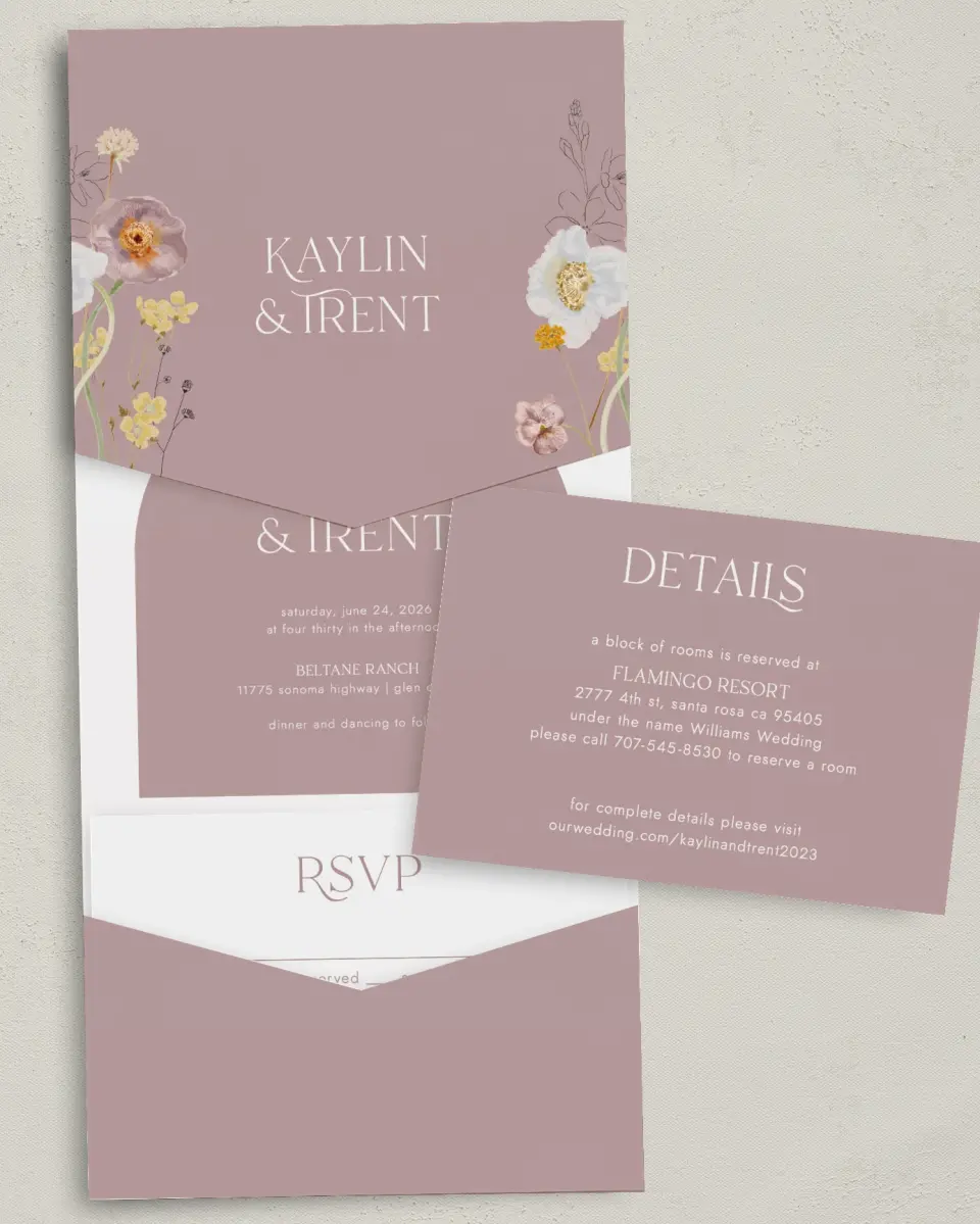 This is a 5¼" x 7¼" Folded Pocket Wedding Invitation called Enchanting Wildflowers printed in full color on Premium Smooth paper