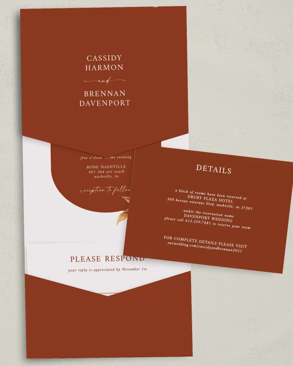 This is a 5¼" x 7¼" Folded Pocket Wedding Invitation called Autumn Florals printed in full color with Gold foil on Luxe Satin (coated) paper