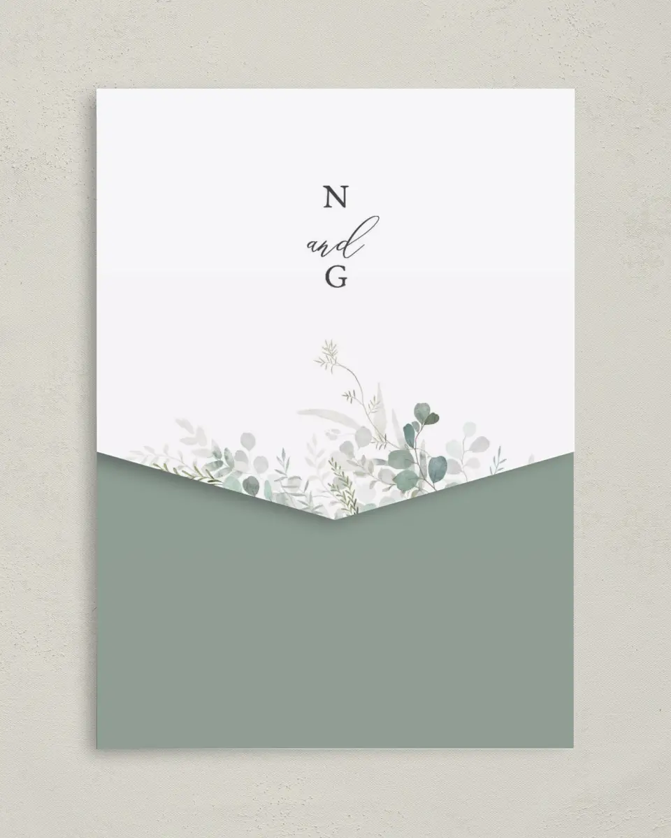 This is a 5¼" x 7¼" Folded Pocket Wedding Invitation called Elegant Greenery printed in full color on Premium Smooth paper
