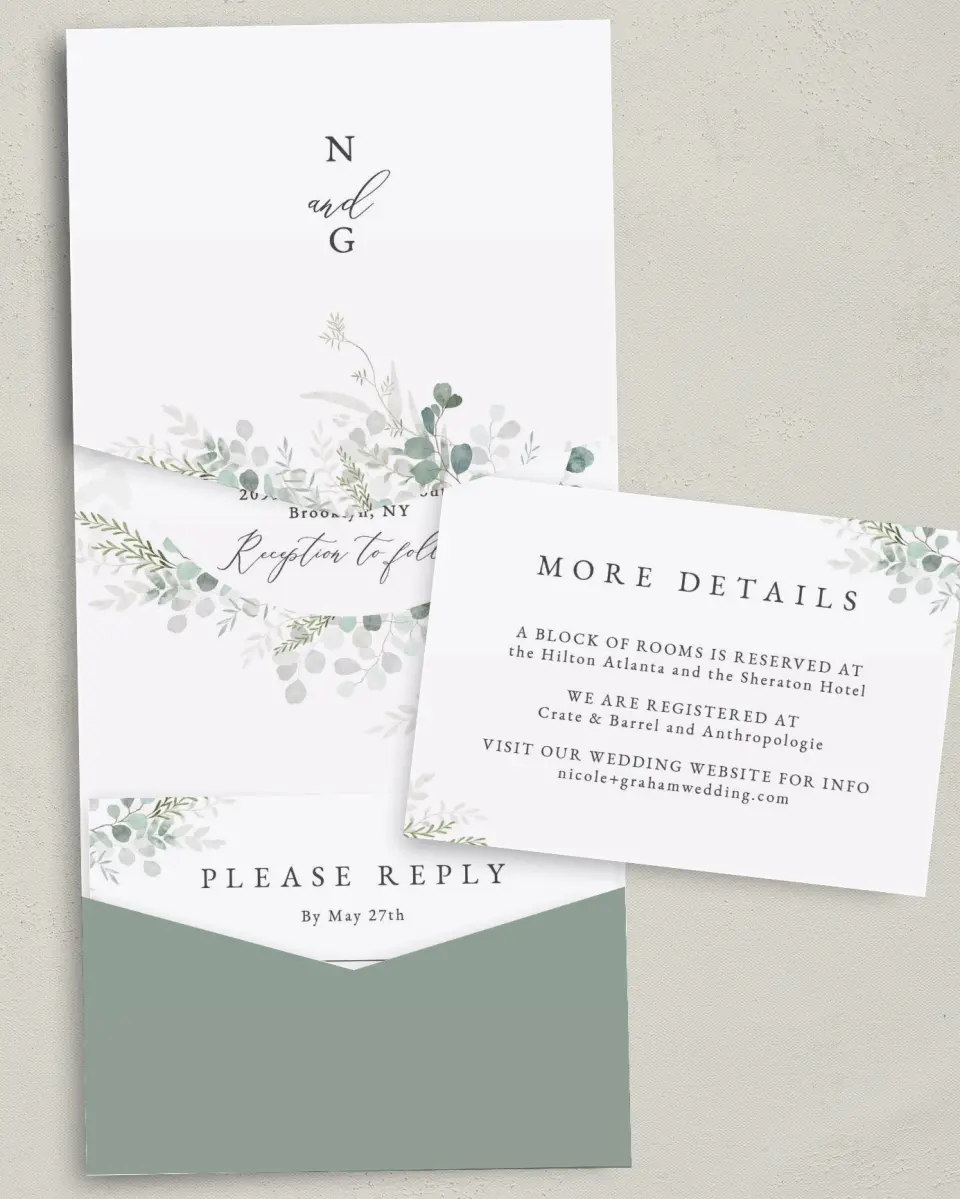 This is a 5¼" x 7¼" Folded Pocket Wedding Invitation called Elegant Greenery printed in full color with Gold foil on Luxe Satin (coated) paper