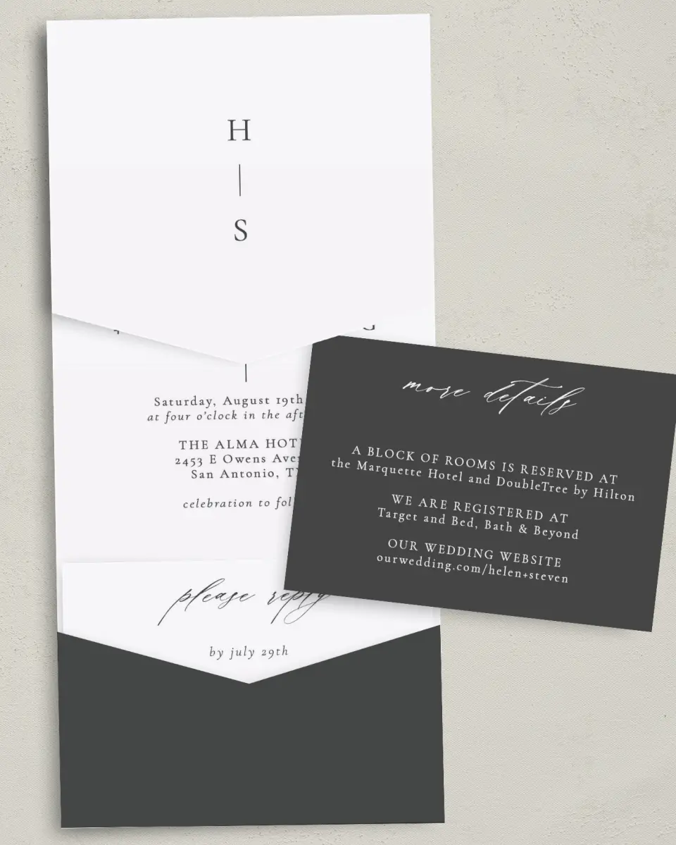 This is a 5¼" x 7¼" Folded Pocket Wedding Invitation called Quiet Scene printed in full color with Gold foil on Luxe Satin (coated) paper