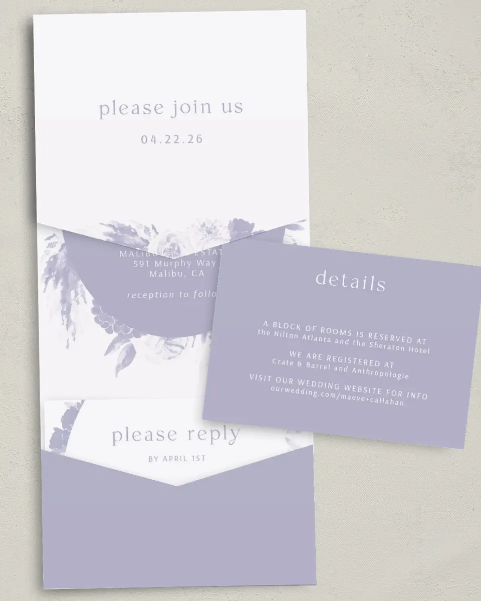 This is a 5¼" x 7¼" Folded Pocket Wedding Invitation called Sweet Botanical printed in full color with Gold foil on Luxe Satin (coated) paper