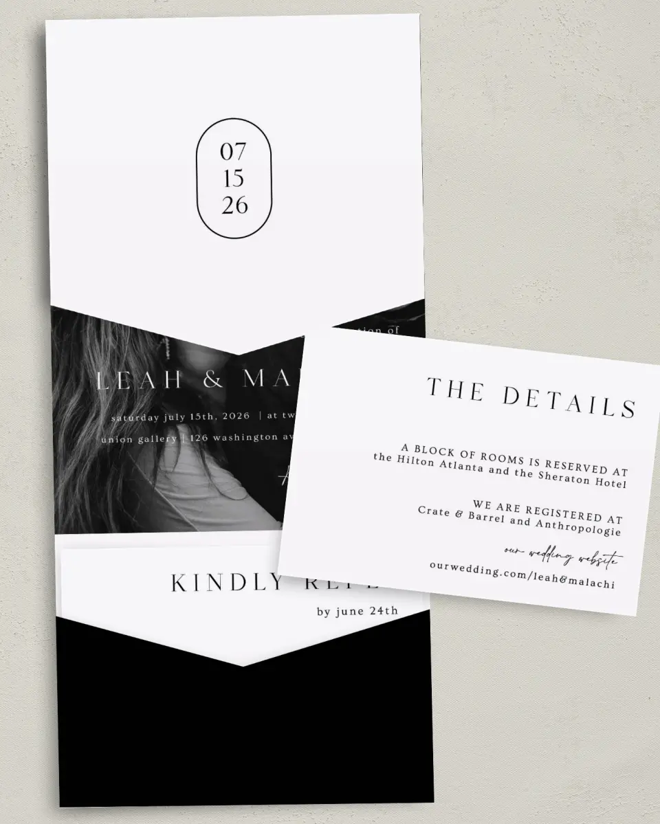 This is a 5¼" x 7¼" Folded Pocket Wedding Invitation called Precise Promise printed in full color with Gold foil on Luxe Satin (coated) paper