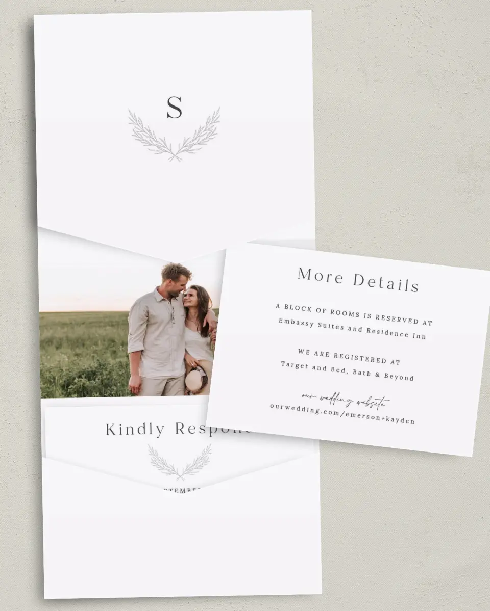 This is a 5¼" x 7¼" Folded Pocket Wedding Invitation called Soft Sprig printed in full color on Premium Smooth paper