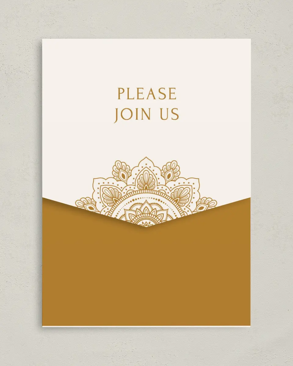 This is a 5¼" x 7¼" Folded Pocket Wedding Invitation called Indian Mandala printed in full color on Premium Smooth paper