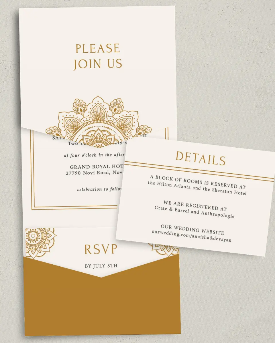 This is a 5¼" x 7¼" Folded Pocket Wedding Invitation called Indian Mandala printed in full color with Gold foil on Luxe Satin (coated) paper