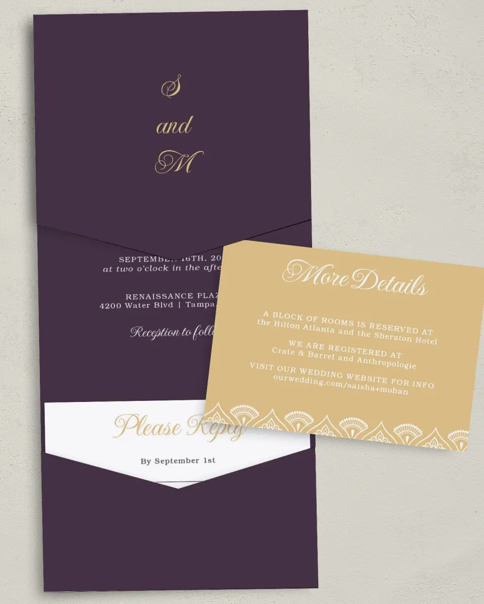 This is a 5¼" x 7¼" Folded Pocket Wedding Invitation called Royal Pattern printed in full color with Gold foil on Luxe Satin (coated) paper