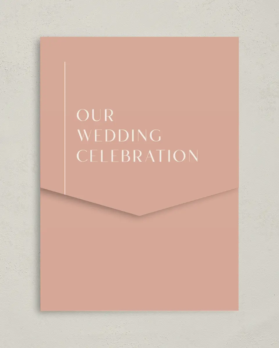 This is a 5¼" x 7¼" Folded Pocket Wedding Invitation called The Brooklyn printed in full color on Premium Smooth paper