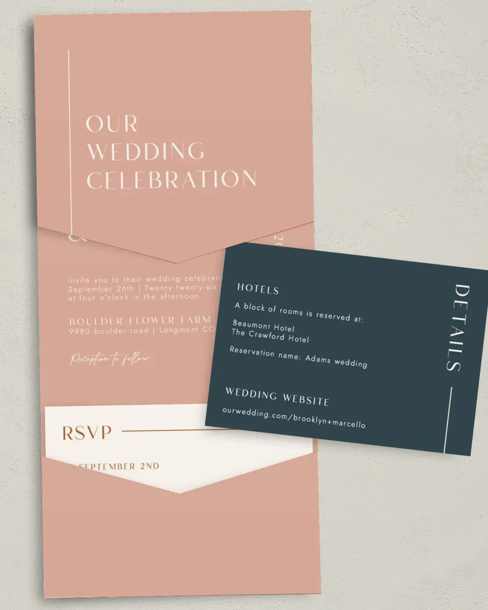 This is a 5¼" x 7¼" Folded Pocket Wedding Invitation called The Brooklyn printed in full color with Gold foil on Luxe Satin (coated) paper