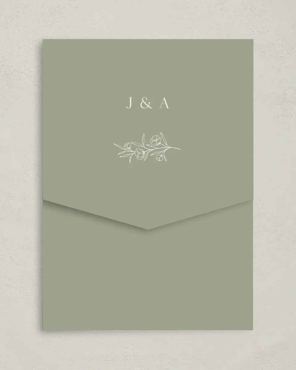 This is a 5¼" x 7¼" Folded Pocket Wedding Invitation called The Jasmine printed in full color on Premium Smooth paper