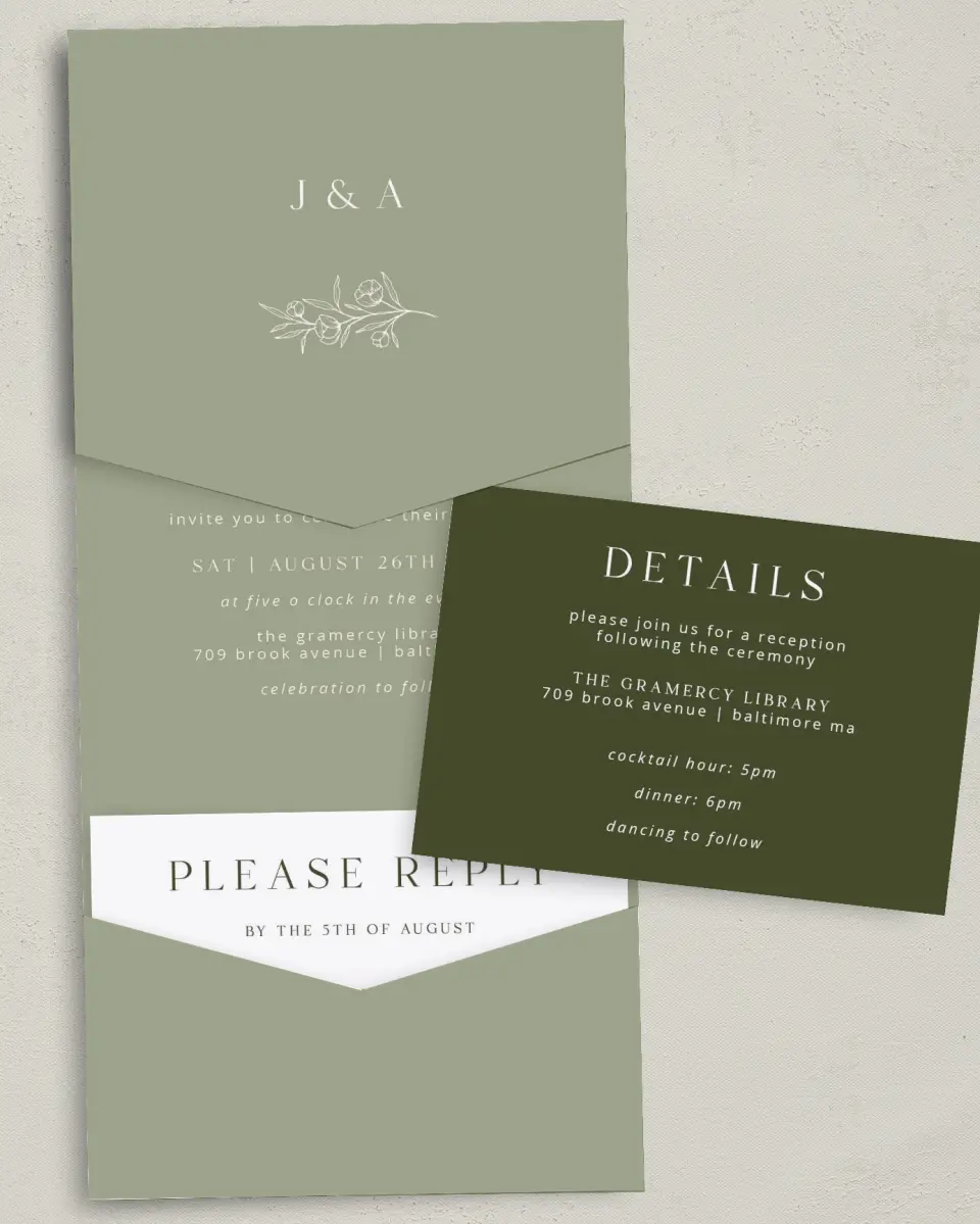 This is a 5¼" x 7¼" Folded Pocket Wedding Invitation called The Jasmine printed in full color with Gold foil on Luxe Satin (coated) paper