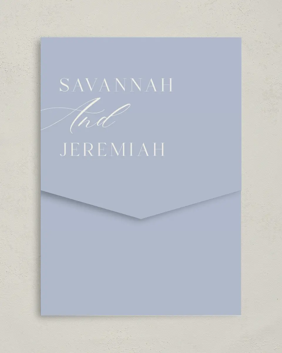 This is a 5¼" x 7¼" Folded Pocket Wedding Invitation called The Savannah printed in full color on Premium Smooth paper