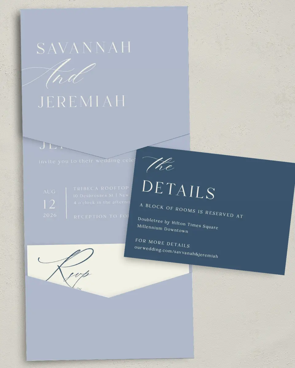 This is a 5¼" x 7¼" Folded Pocket Wedding Invitation called The Savannah printed in full color with Gold foil on Luxe Satin (coated) paper