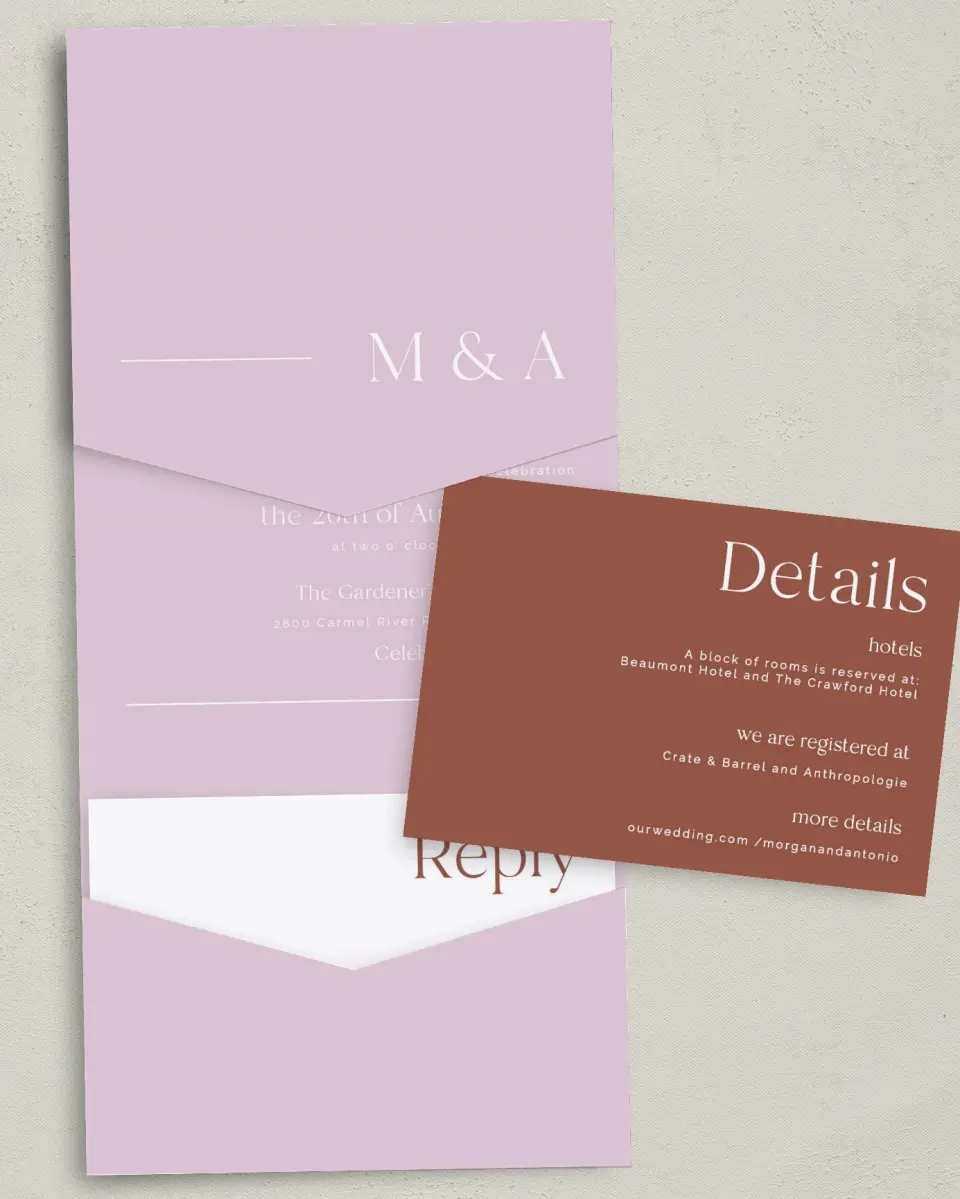 This is a 5¼" x 7¼" Folded Pocket Wedding Invitation called The Morgan printed in full color on Premium Smooth paper