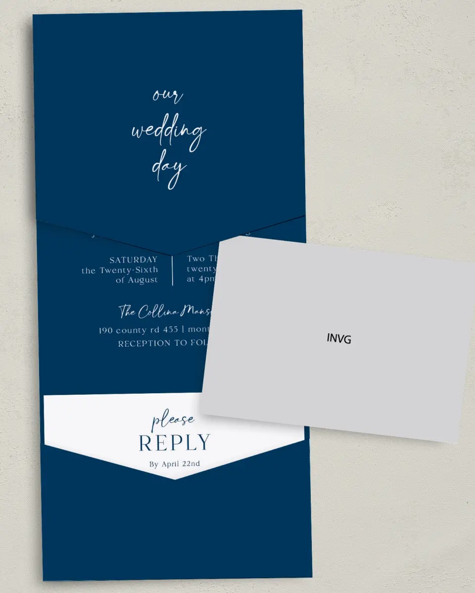 This is a 5¼" x 7¼" Folded Pocket Wedding Invitation called The Sophia printed in full color with Gold foil on Luxe Satin (coated) paper