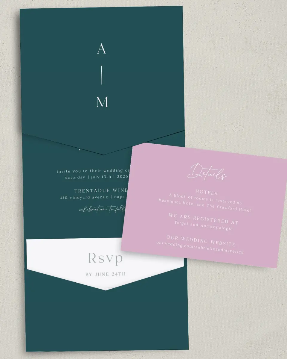 This is a 5¼" x 7¼" Folded Pocket Wedding Invitation called The Aubrielle printed in full color with Gold foil on Luxe Satin (coated) paper