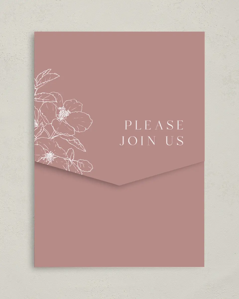 This is a 5¼" x 7¼" Folded Pocket Wedding Invitation called The Kinsley printed in full color on Premium Smooth paper