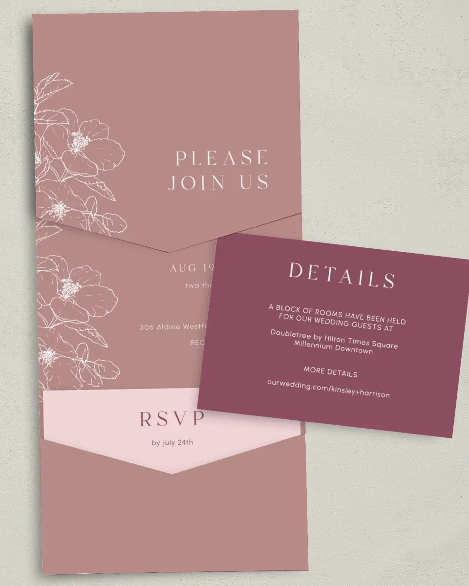 This is a 5¼" x 7¼" Folded Pocket Wedding Invitation called The Kinsley printed in full color with Gold foil on Luxe Satin (coated) paper