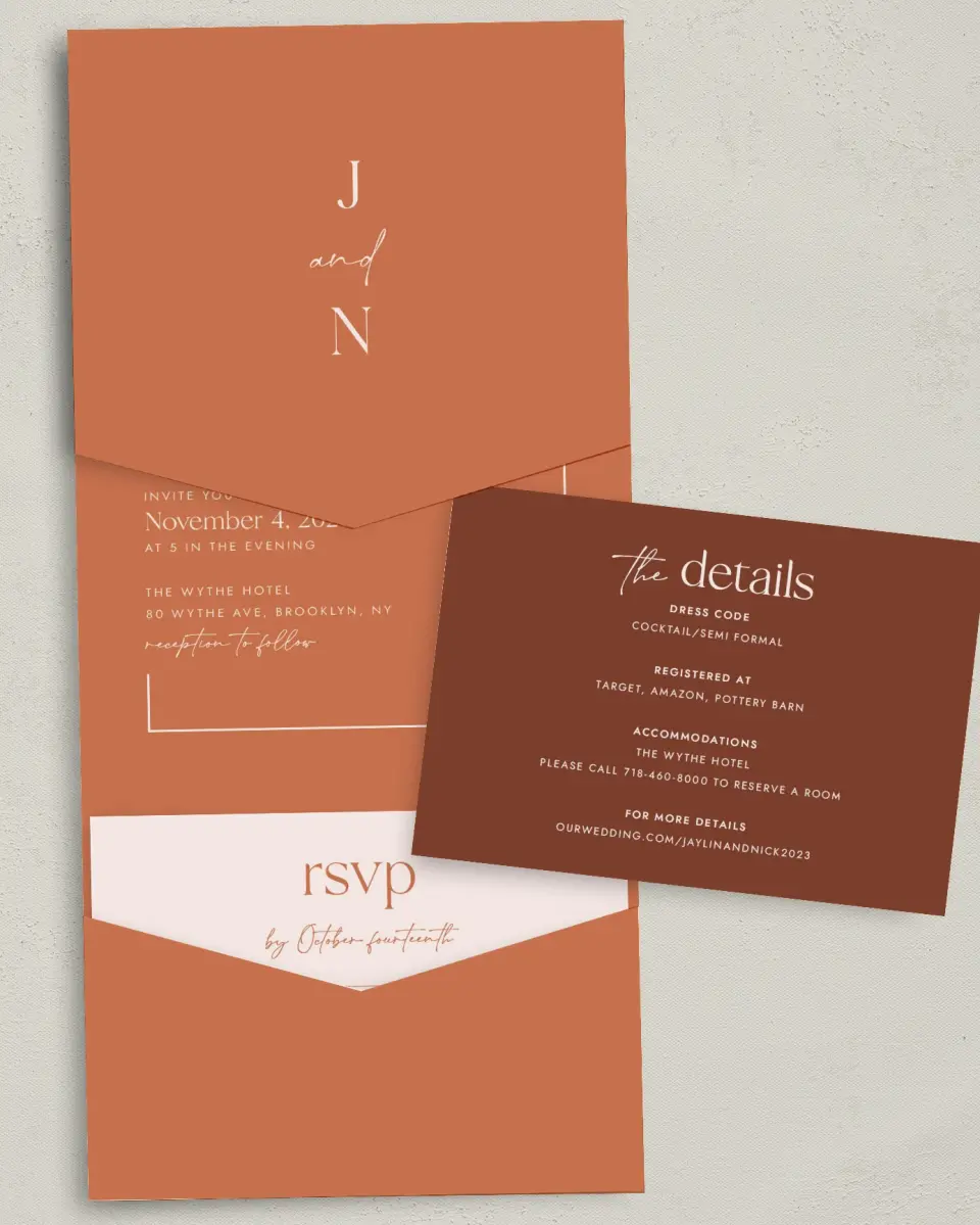 This is a 5¼" x 7¼" Folded Pocket Wedding Invitation called The Jaylin printed in full color with Gold foil on Luxe Satin (coated) paper