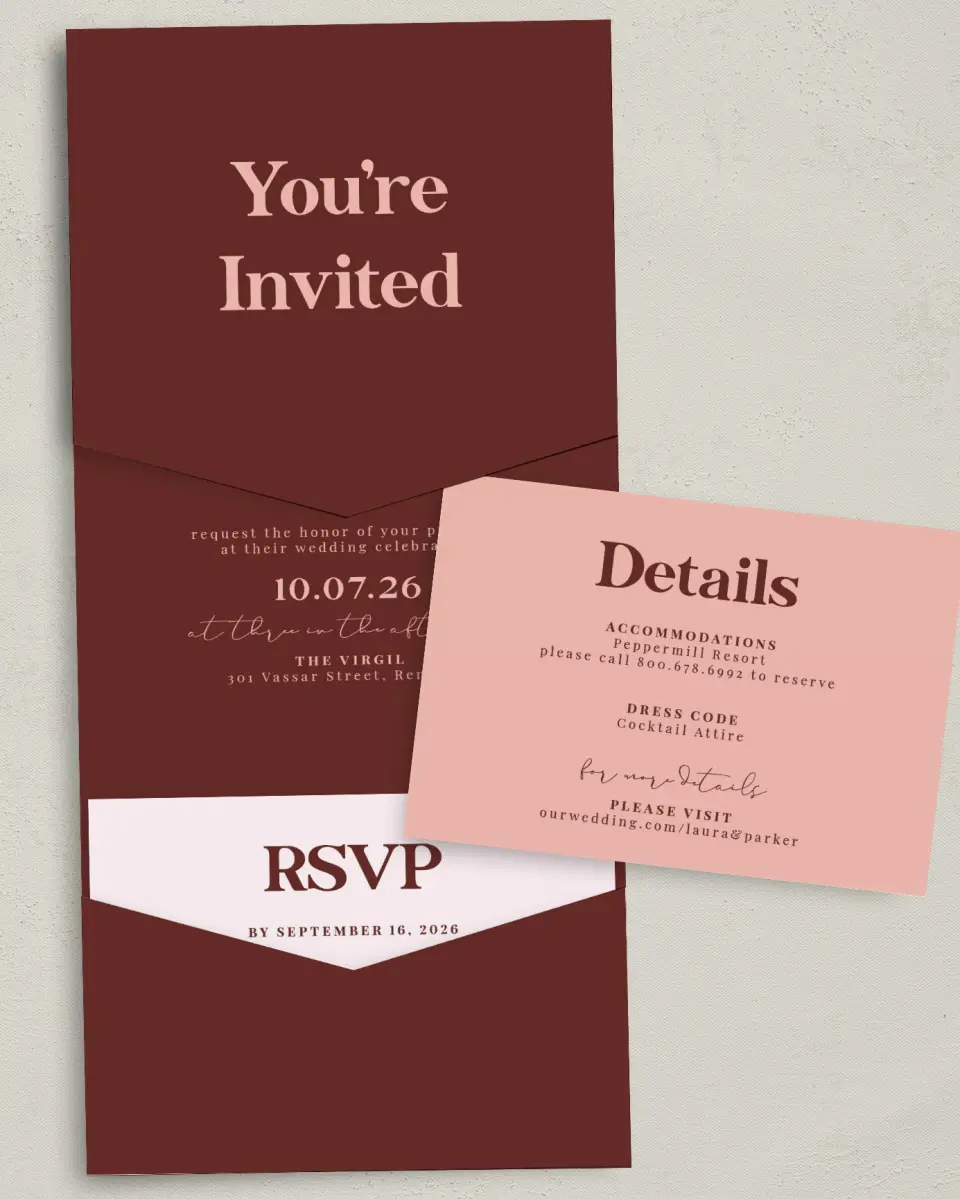This is a 5¼" x 7¼" Folded Pocket Wedding Invitation called The Laura printed in full color with Gold foil on Luxe Satin (coated) paper