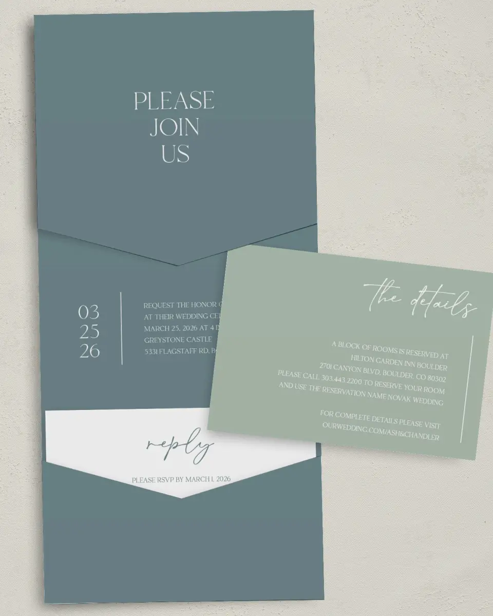This is a 5¼" x 7¼" Folded Pocket Wedding Invitation called The Ashlynn printed in full color with Gold foil on Luxe Satin (coated) paper
