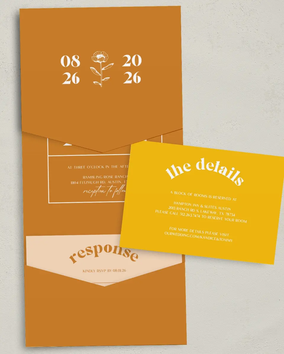 This is a 5¼" x 7¼" Folded Pocket Wedding Invitation called The Kandice printed in full color with Gold foil on Luxe Satin (coated) paper