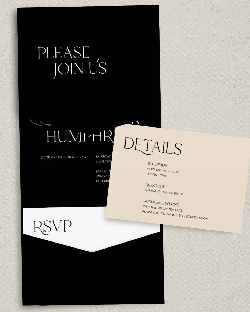 This is a 5¼" x 7¼" Folded Pocket Wedding Invitation called The Lucy printed in full color with Gold foil on Luxe Satin (coated) paper