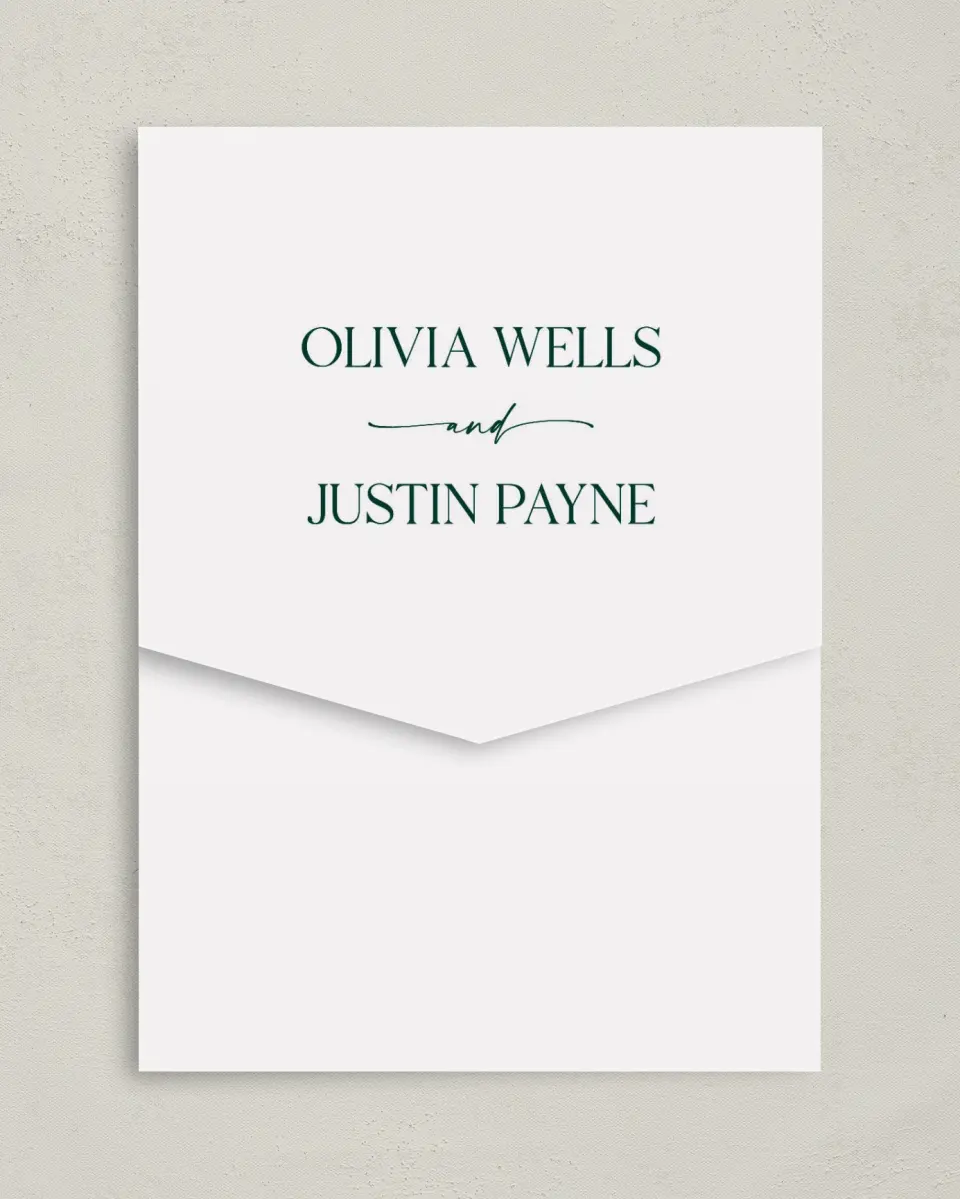This is a 5¼" x 7¼" Folded Pocket Wedding Invitation called The Olivia printed in full color on Premium Smooth paper
