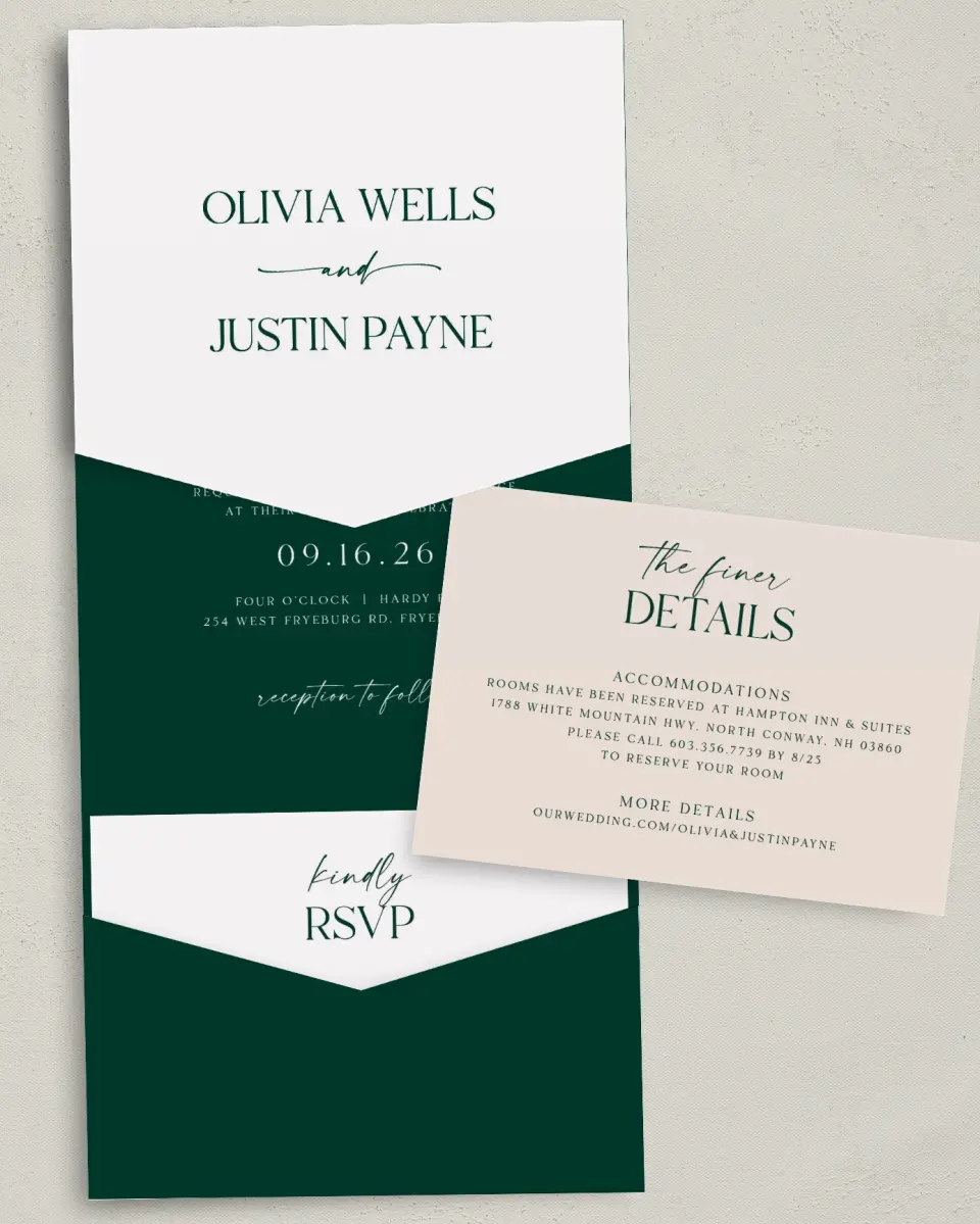 This is a 5¼" x 7¼" Folded Pocket Wedding Invitation called The Olivia printed in full color with Gold foil on Luxe Satin (coated) paper