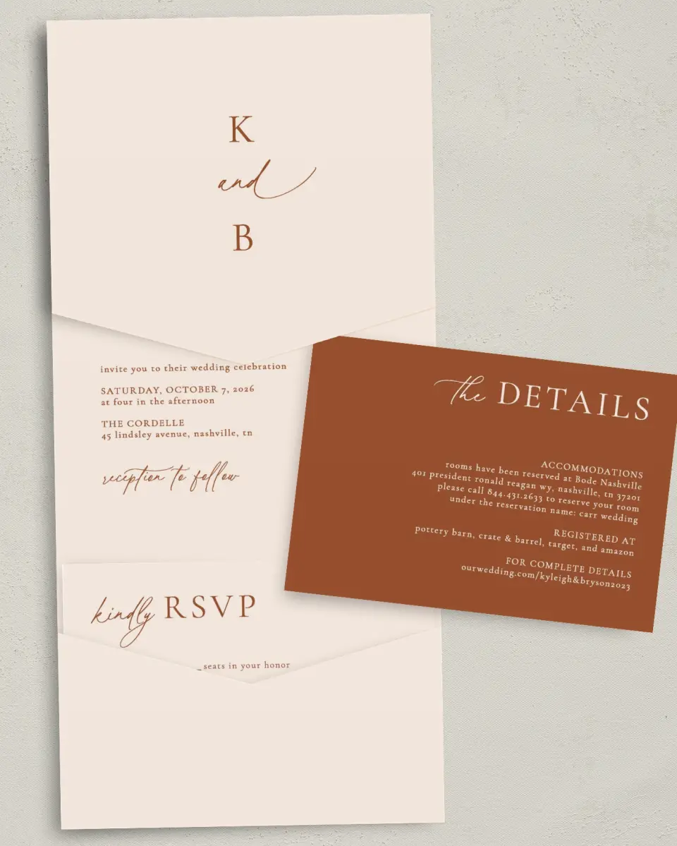 This is a 5¼" x 7¼" Folded Pocket Wedding Invitation called The Kyleigh printed in full color with Gold foil on Luxe Satin (coated) paper