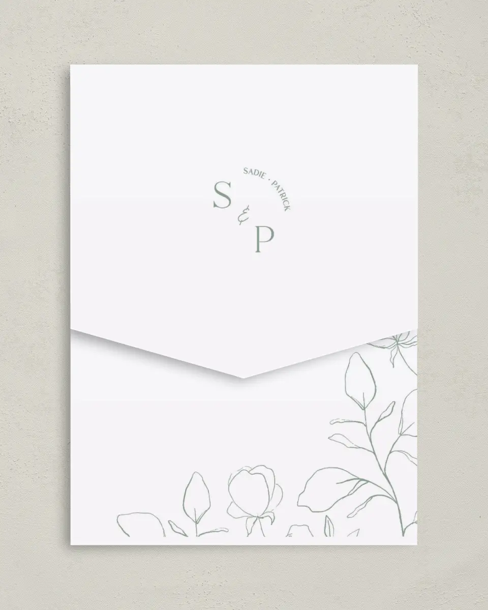 This is a 5¼" x 7¼" Folded Pocket Wedding Invitation called The Sadie printed in full color on Premium Smooth paper