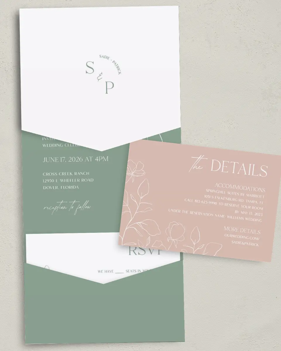 This is a 5¼" x 7¼" Folded Pocket Wedding Invitation called The Sadie printed in full color with Gold foil on Luxe Satin (coated) paper