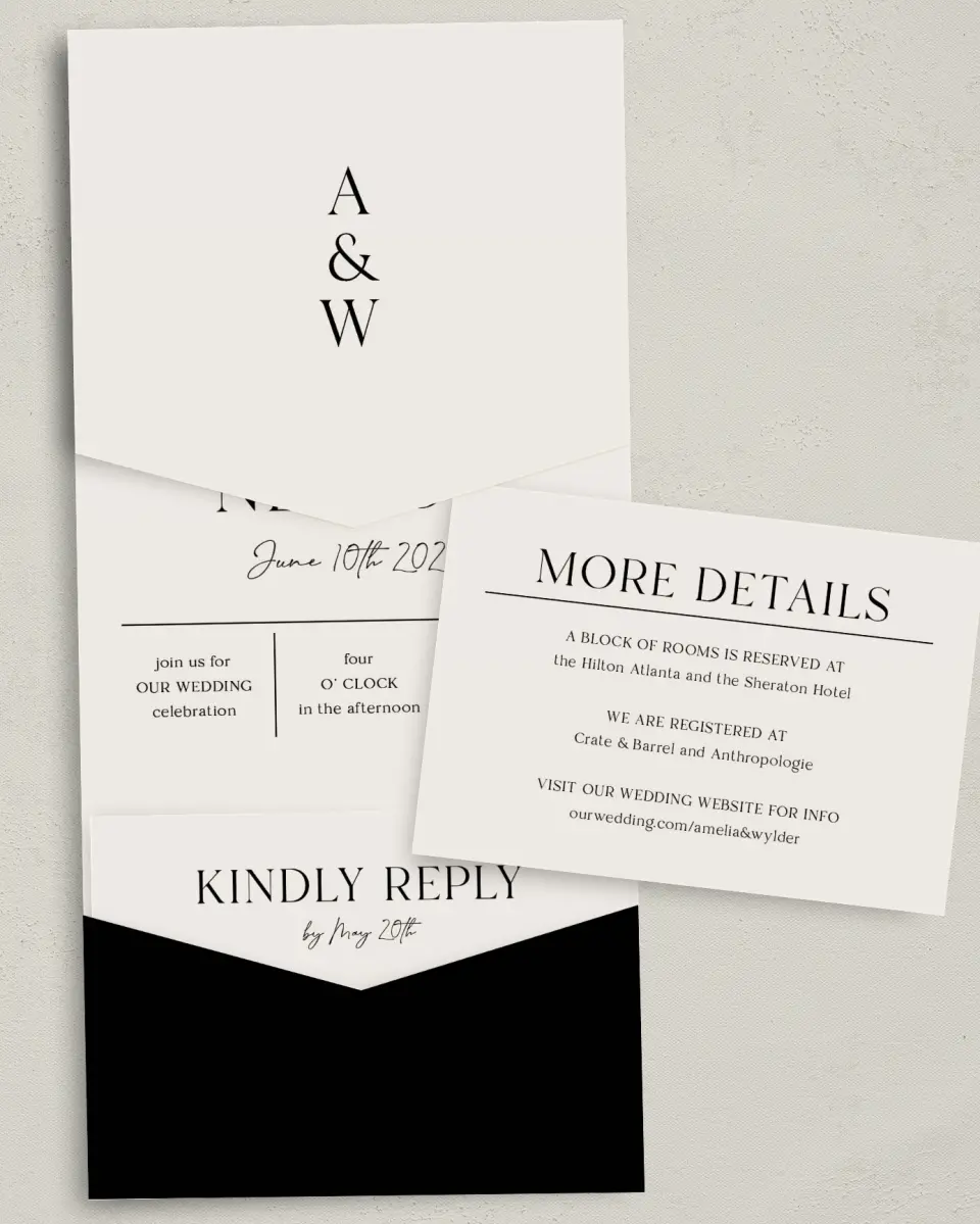 This is a 5¼" x 7¼" Folded Pocket Wedding Invitation called Noble Names printed in full color with Gold foil on Luxe Satin (coated) paper